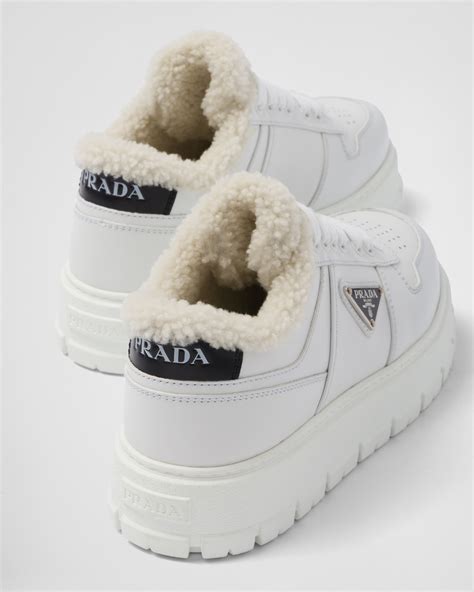 prada all white sneakers|prada leather and shearling sneakers.